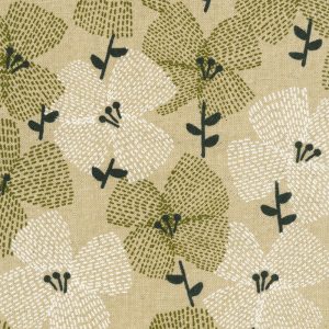 Cotton Flax Prints | Modern Flowers, Rustic Green, Black, and White on Beige Background | Japanese Designs by Sevenberry