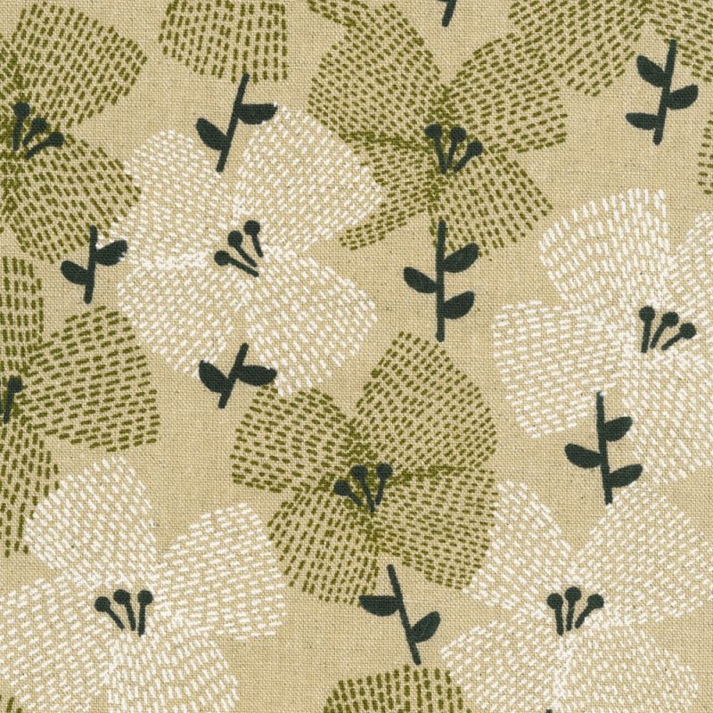 Cotton Flax Prints | Modern Flowers, Rustic Green, Black, and White on Beige Background | Japanese Designs by Sevenberry