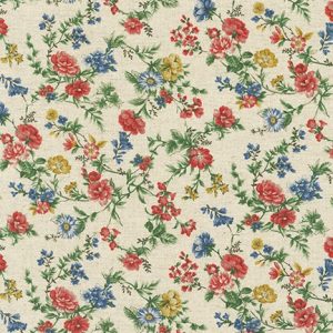 Cotton Flax Prints | Retro Flowers on Natural with Red, Blue, Green, and Gold | Japanese Designs by Sevenberry