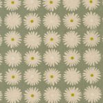 Cotton Flax Prints–Modern Natural Daisies on Gray Background with Lime Green dots–Japanese Designs by Sevenberry