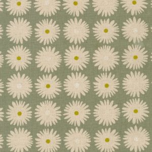 Cotton Flax Prints–Modern Natural Daisies on Gray Background with Lime Green dots–Japanese Designs by Sevenberry