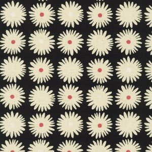 Cotton Flax Prints–Daisies on Black with Pink dots–Japanese Designs by Sevenberry