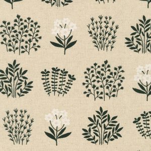 Cotton Flax Prints–Modern White and Black Flowers on Natural–Japanese Designs by Sevenberry