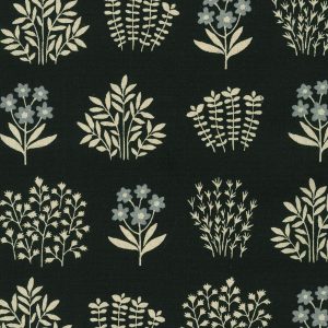 Cotton Flax Prints–Black background with Grey-blue and natural flowers–Japanese Designs by Sevenberry