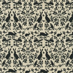 Cotton Flax Prints–Modern Floral Bunnies and Butterflies–Black on Natural Background–Japanese Designs by Sevenberry