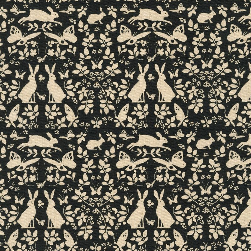 Cotton Flax Prints–Modern Floral Bunnies and Butterflies–Natural on Black Background–Japanese Designs by Sevenberry
