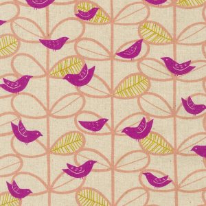 Cotton Flax Prints–Modern Birds and Leaves in Pink, Yellow on a Natural Background–Japanese Designs by Sevenberry