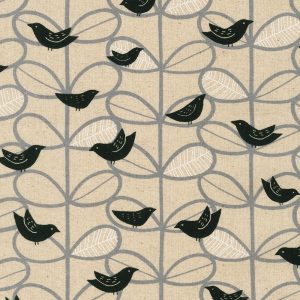 Cotton Flax Prints–Modern Birds and Leaves in Gray, Black, White, and Natural–Japanese Designs by Sevenberry