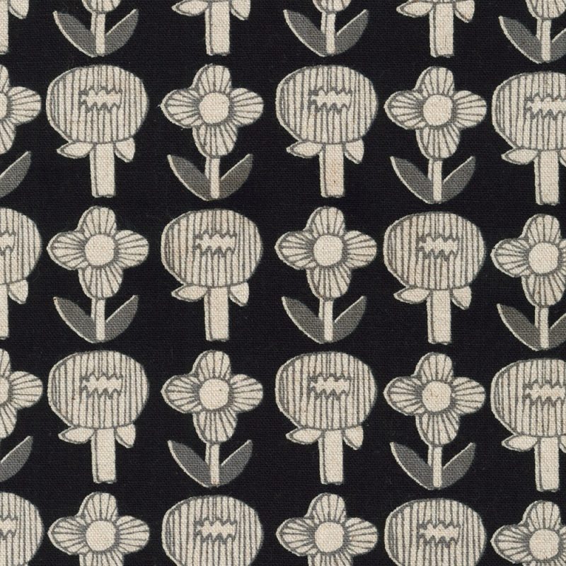 Cotton Flax Prints–Modern Grey Flowers on Black–Japanese Designs by Sevenberry