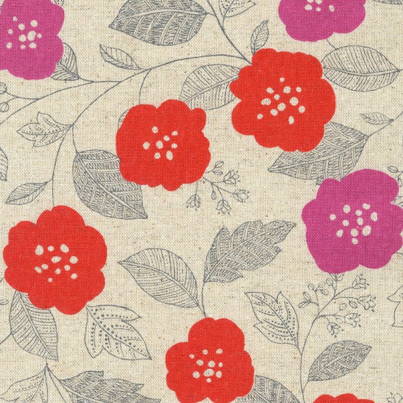 Cotton Flax Prints–Modern Flowers in Red, Pink, and Grey–Japanese Designs by Sevenberry