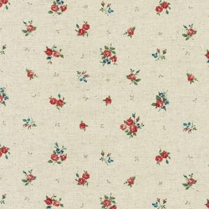 Cotton Flax Prints–Retro Petite Red Roses with Blue and Green on Natural–Japanese Designs by Sevenberry