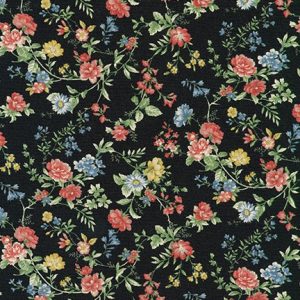 Cotton Flax Prints–Floral on Black with Pink, Blue, green, and Yellow–Japanese Designs by Sevenberry