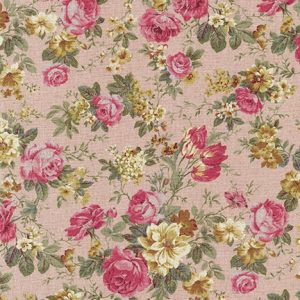 Cotton Flax Prints–Blush Retro Flowers with Golds and Greens–Japanese Designs by Sevenberry