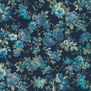 Cotton Flax Prints–Retro Blue Flowers on Navy–Japanese Designs by Sevenberry