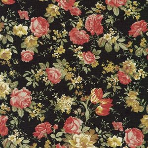 Cotton Flax Prints–Floral on Black–Golds, Pinks, Greens–Japanese Designs by Sevenberry