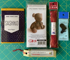 Sashiko Sewing Kit–Teddy Bear Yarn Dyed Fabric Brown with Red Variegated Floss, Thimble, Sashiko Needles, and popular getting started Pocket Guide