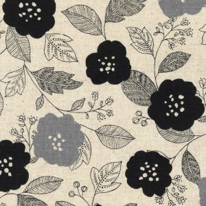 Cotton Flax Prints–Modern Flowers in Grey and Black on Natural–Japanese Designs by Sevenberry