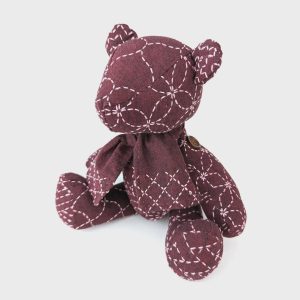 Little Sashiko Teddy Bear | Yarn-Dyed Fabric in Red | Hand-Painted Cloth Size 14 x 14” x 2 pcs | #KNP24-08RD